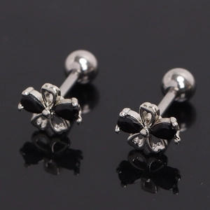 Boucles d'oreilles fleurs en acier inoxydable avec pierres noires et vis de sécurité