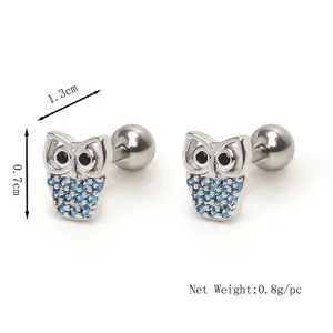 Boucles d'oreilles hibou en acier inoxydable avec strass bleus et fermoir à vis