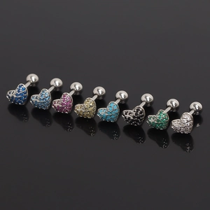 Stainless Steel Heart Cartilage Stud Earrings Multicolor Rhinestone Inlaid Piercing Jewelry Screw Ball Back For Women Men
