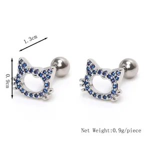 Boucles d'oreilles chat en acier inoxydable avec strass bleus et fermoirs à vis