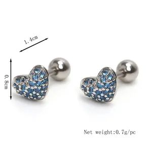 Silver stainless steel heart stud earrings with blue cubic zirconia and ball back screw