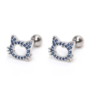 Boucles d'oreilles chat argentées avec strass bleus et fermoir à vis sécurisé