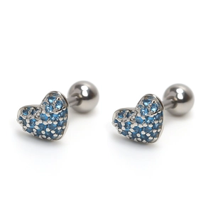Creative heart-shaped stainless steel ear studs with blue cubic zirconia stones