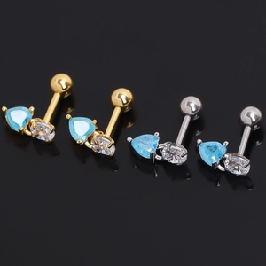 Minimalist Stainless Steel Heart Shaped Cartilage Earrings Light Blue Rhinestone Screw Back Barbell Studs For Women