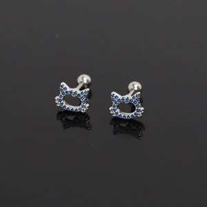 Boucles d'oreilles chat en acier inoxydable avec zircons bleus et fermoirs à bille
