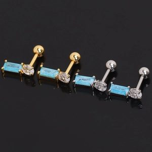 Luxury Stainless Steel Blue Rhinestone Stud Earrings Square Geometric Cartilage Barbell Earrings For Women Simple Elegant Jewelry