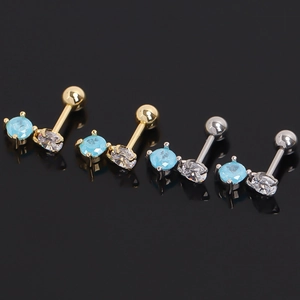 Stainless Steel Round Sapphire Blue Rhinestone Stud Earrings Simple Geometric Screw Ball Back Ear Bone Nail Jewelry