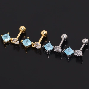 Minimalist Stainless Steel Rhombus Blue Rhinestone Stud Earrings For Women Korean Style Geometric Ear Bone Piercing Jewelry