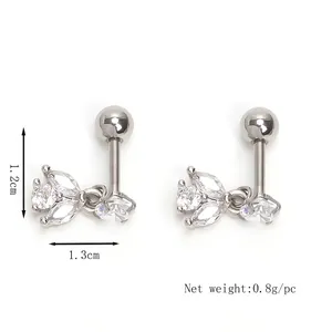 Retro stainless steel leaf earrings with clear zircon stones and ball screw back