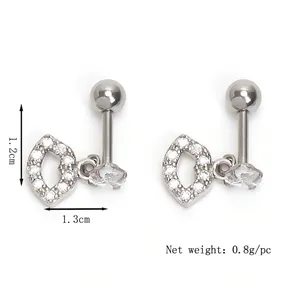 Sparkling pavé cz lip-shaped stainless steel earrings with 1.2cm x 1.3cm dimensions