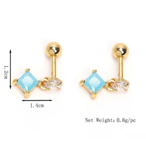 18K gold plated rhombic blue sapphire stud earrings in stainless steel for women