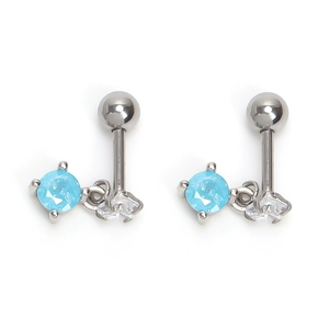 Detail of round sapphire and zircon stainless steel stud earrings with ball screw back
