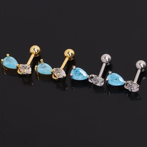 Stainless Steel Blue Water Drop Cartilage Stud Earrings Minimalist Gold Plated Screw Back Helix Piercing Jewelry For Women