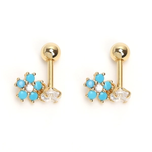 Gold stainless steel plum blossom stud earrings with blue stones and clear crystals