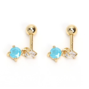 Minimalist gold stainless steel stud earrings with round blue sapphire and crystal accents
