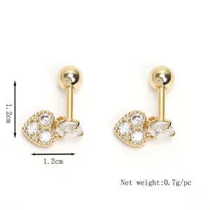 Golden heart zircon stud earrings with screw back design for daily wear, 1.2cm size