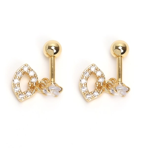 Gold-plated stainless steel lip earrings with cubic zirconia and barbell screw back design