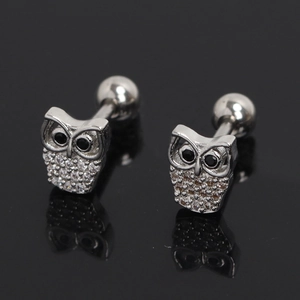 Gros plan détaillé des boucles d'oreilles hibou avec zircons blancs et yeux en gemmes