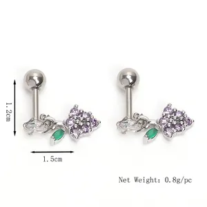 Boucles d'oreilles grappe de raisin argentées avec zircons violets et feuille verte