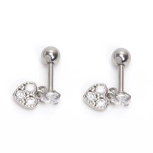 Silver heart screw-back earrings with white zircon stones and round dangling crystal