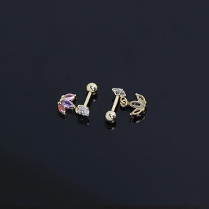 Golden clover stud earrings with multi-color cubic zirconia and crown pendants in 14k gold finish