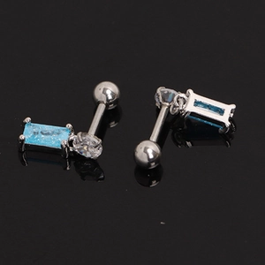 Stainless steel barbell studs featuring blue rectangular zircon and clear round stones