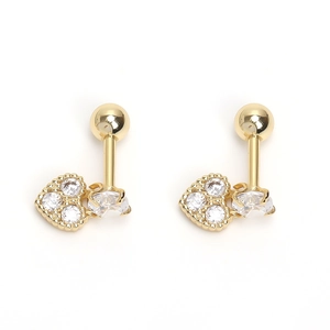 Detail showing heart-shaped gold studs with clear zircon and screw-back ball closures