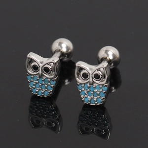 Vue détaillée de boucles d'oreilles hibou en acier avec pierres bleues et fermoir à vis