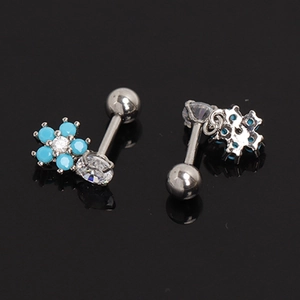 Silver stainless steel floral stud earrings with blue gemstones and screw-back ball