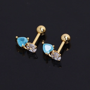 Golden stainless steel stud earrings featuring light blue heart-shaped cubic zirconia stones