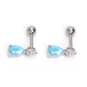 Macro view of blue teardrop zircon screw back stud earrings in stainless steel