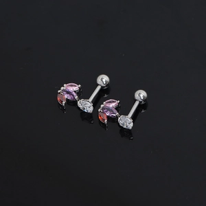 Silver stainless steel clover earrings with colorful marquise zircons and ball screw back