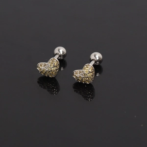 Polished silver heart stud earrings with sparkling yellow crystals and ball screw back
