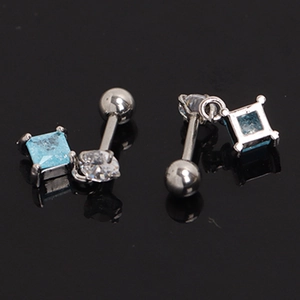 Pair of stainless steel tragus earrings with round zircon and blue rhombus drop charm