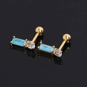 Elegant gold stainless steel stud earrings with blue rectangle stone and white zircon
