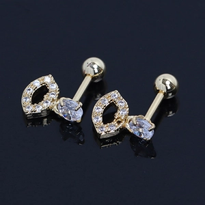 Modern gold-plated stainless steel lip stud earrings with cubic zirconia pavé stones