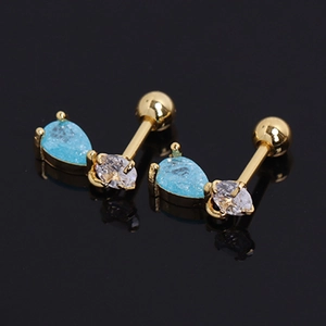 Gold stainless steel ball back earrings featuring blue teardrop and round zircons