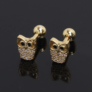 Détail macro de boucles d'oreilles chouette dorées avec zircons et fermoirs à vis