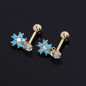 Floral sapphire blue earring with drop zircon in gold stainless steel casting
