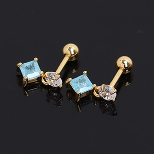Pair of gold stainless steel stud earrings with blue square sapphire and round zircon stones