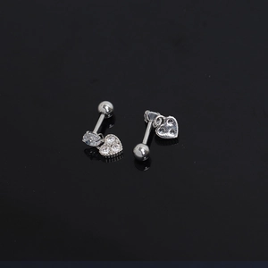 Silver heart stud earrings with cubic zirconia stones and screw back flat ball design
