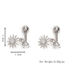 Eight-pointed star stainless steel stud earrings with clear crystals and 0.65g weight