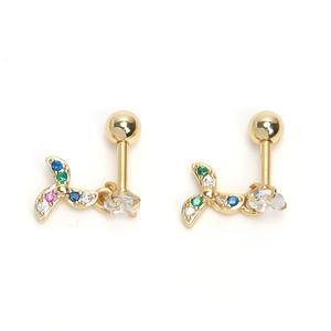 Golden windmill earrings with colorful zircon stones and screw ball back closure
