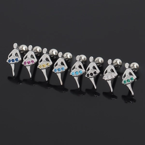 Stainless Steel Ballet Dancer Stud Earrings With Colored Rhinestone For Women Sweet Individual Cartilage Screw Back Earrings