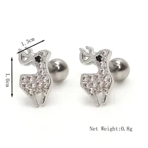 Boucles d'oreilles renne en acier inoxydable argenté avec cristaux de zircone brillants