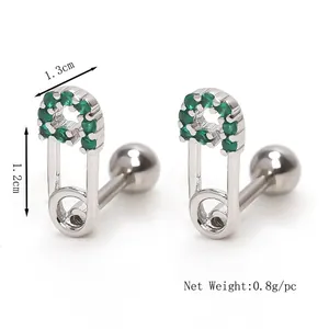 Boucles d'oreilles épingle à nourrice en acier inoxydable et zircon vert de 1,2 cm