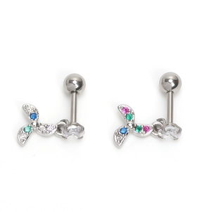 Detail of silver screw back stud earrings with colorful zircon stones in a floral design