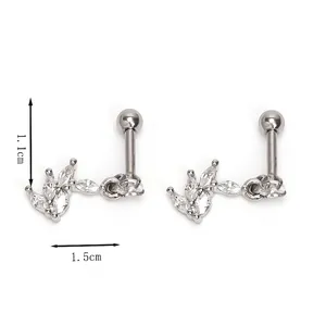 Zircon flower cartilage stud earrings in stainless steel with screw ball back closure