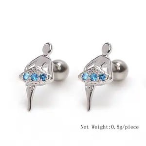 Silver ballerina stud earrings with blue zircon insets and secure screw backs