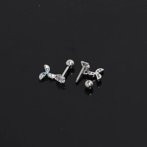 Polished silver windmill stud earrings with blue and green crystals and screw back